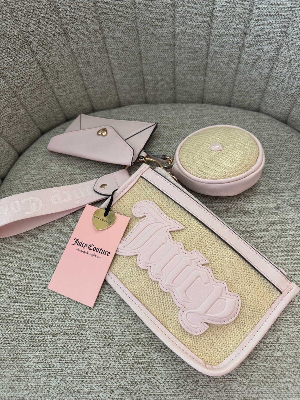 NWT Juicy Couture Pink & Beige Logo Wristlet and Coin Pouch 3pc